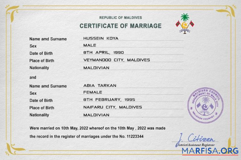 Printable Maldives marriage certificate PSD template